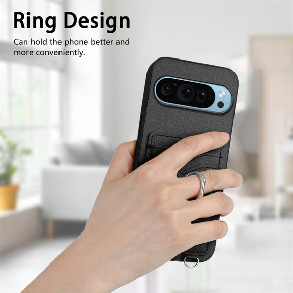 For Google Pixel 9 / 9 Pro R20 Crossbody Rope Ring Card Holder Phone Case(Black)