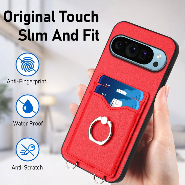 For Google Pixel 9 / 9 Pro R20 Crossbody Rope Ring Card Holder Phone Case(Red) - Google Cases by PMC TechLife | Online Shopping South Africa | PMC TechLife | Buy Now Pay Later Mobicred