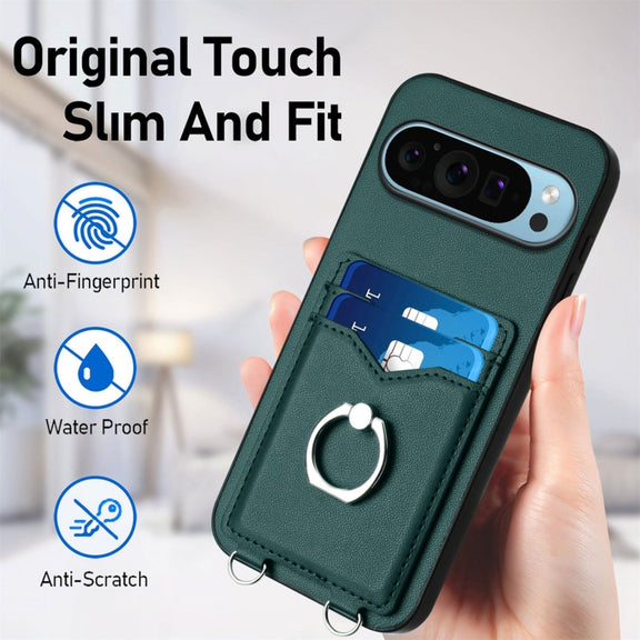 For Google Pixel 9 / 9 Pro R20 Crossbody Rope Ring Card Holder Phone Case(Green)