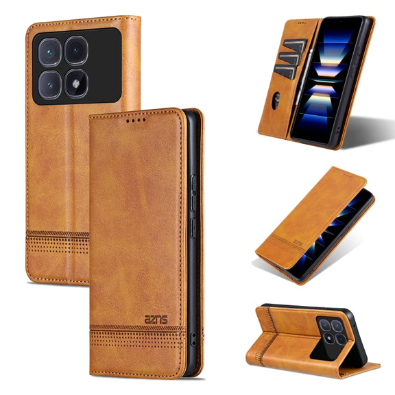 For Redmi K70 Ultra AZNS Magnetic Calf Texture Flip Leather Phone Case(Light Brown)