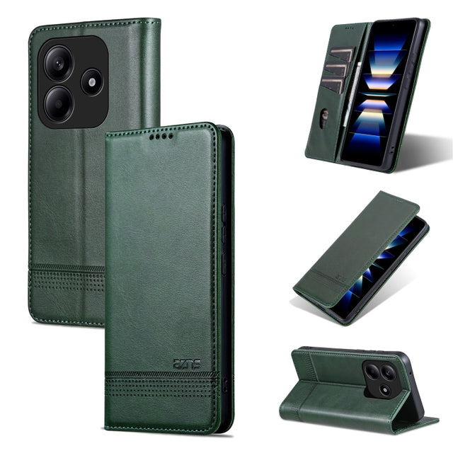 For Redmi Note 14 5G AZNS Magnetic Calf Texture Flip Leather Phone Case(Dark Green)