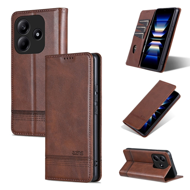 For Redmi Note 14 5G AZNS Magnetic Calf Texture Flip Leather Phone Case(Dark Brown)