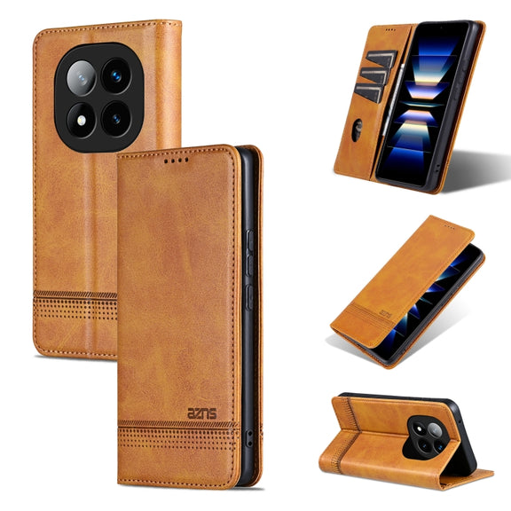 For Redmi Note 14 Pro 5G AZNS Magnetic Calf Texture Flip Leather Phone Case(Light Brown)
