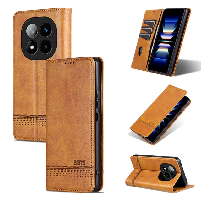 For Redmi Note 14 Pro 5G AZNS Magnetic Calf Texture Flip Leather Phone Case(Light Brown)