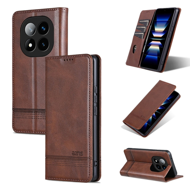 For Redmi Note 14 Pro+ 5G AZNS Magnetic Calf Texture Flip Leather Phone Case(Dark Brown)