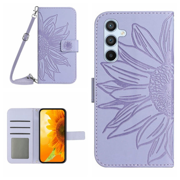 For Samsung Galaxy S25 5G Skin Feel Sun Flower Embossed Flip Leather Phone Case with Lanyard(Purple)