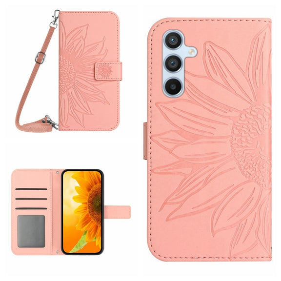 For Samsung Galaxy S25 5G Skin Feel Sun Flower Embossed Flip Leather Phone Case with Lanyard(Pink)