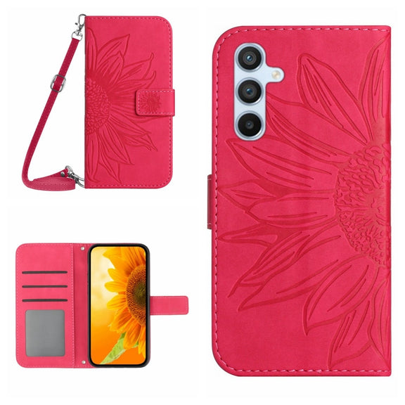 For Samsung Galaxy S25 5G Skin Feel Sun Flower Embossed Flip Leather Phone Case with Lanyard(Rose Red)