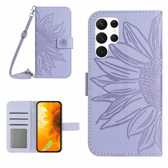 For Samsung Galaxy S25 Ultra 5G Skin Feel Sun Flower Embossed Flip Leather Phone Case with Lanyard(Purple)