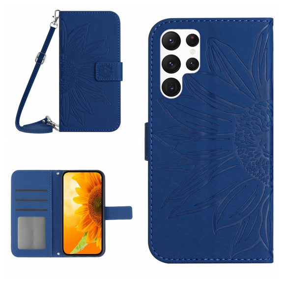 For Samsung Galaxy S25 Ultra 5G Skin Feel Sun Flower Embossed Flip Leather Phone Case with Lanyard(Dark Blue)
