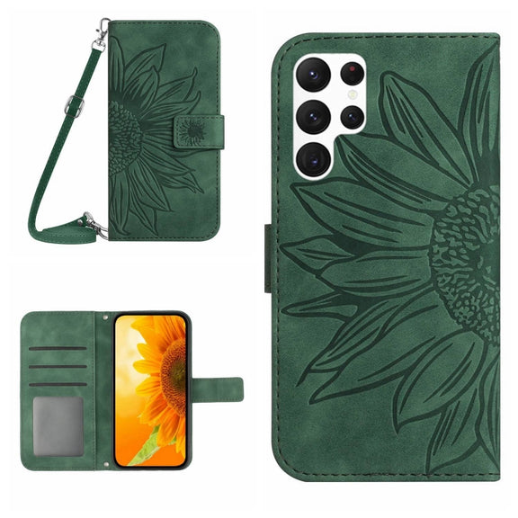 For Samsung Galaxy S25 Ultra 5G Skin Feel Sun Flower Embossed Flip Leather Phone Case with Lanyard(Green)
