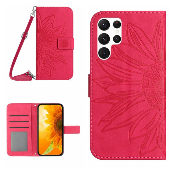 For Samsung Galaxy S25 Ultra 5G Skin Feel Sun Flower Embossed Flip Leather Phone Case with Lanyard(Rose Red)