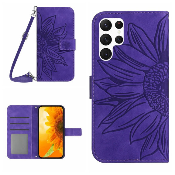 For Samsung Galaxy S25 Ultra 5G Skin Feel Sun Flower Embossed Flip Leather Phone Case with Lanyard(Dark Purple)