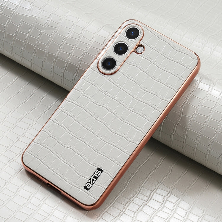 For Samsung Galaxy S25+ 5G AZNS Electroplated Frame Crocodile Texture Full Coverage Phone Case(White)