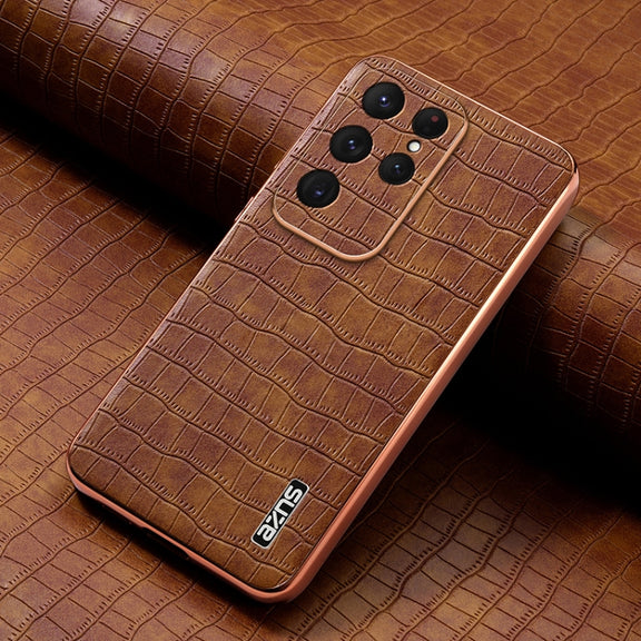 For Samsung Galaxy S25 Ultra 5G AZNS Electroplated Frame Crocodile Texture Full Coverage Phone Case(Brown)