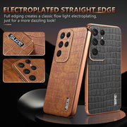 For Samsung Galaxy S25 Ultra 5G AZNS Electroplated Frame Crocodile Texture Full Coverage Phone Case(Brown)