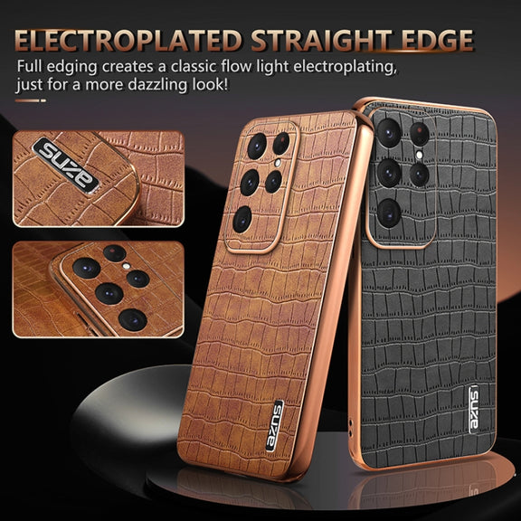 For Samsung Galaxy S25 Ultra 5G AZNS Electroplated Frame Crocodile Texture Full Coverage Phone Case(Brown)