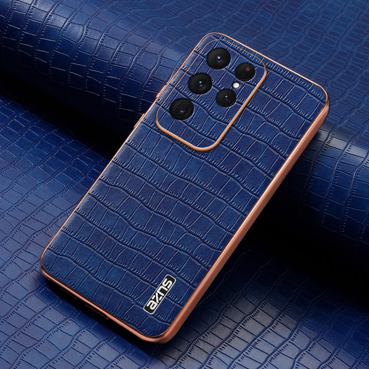 For Samsung Galaxy S25 Ultra 5G AZNS Electroplated Frame Crocodile Texture Full Coverage Phone Case(Blue)