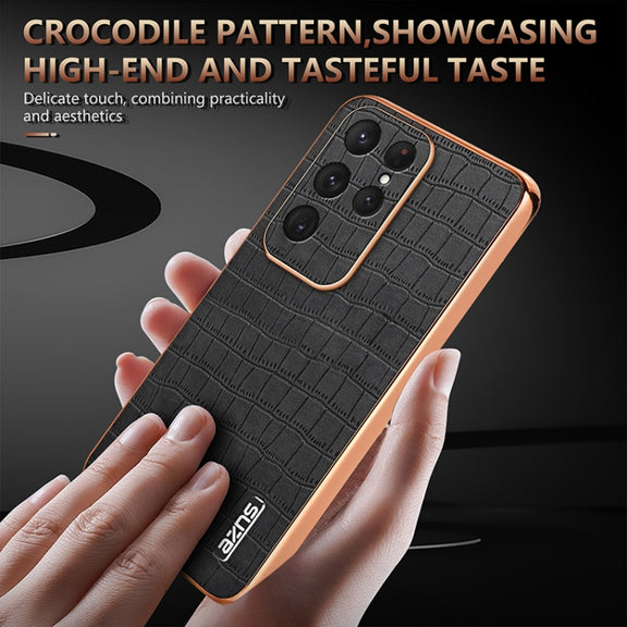 For Samsung Galaxy S25 Ultra 5G AZNS Electroplated Frame Crocodile Texture Full Coverage Phone Case(White)