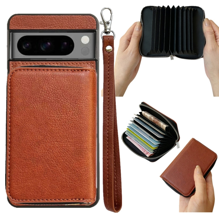 For Google Pixel 9 / 9 Pro Solid Color Zipper 11-Card Slots Bag Phone Case with Lanyard(Brown) - free shipping - PMC TechLife - Order now!