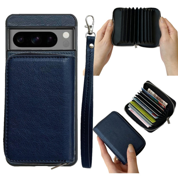 For Google Pixel 8 Pro Solid Color Zipper 11-Card Slots Bag Phone Case with Lanyard(Blue)