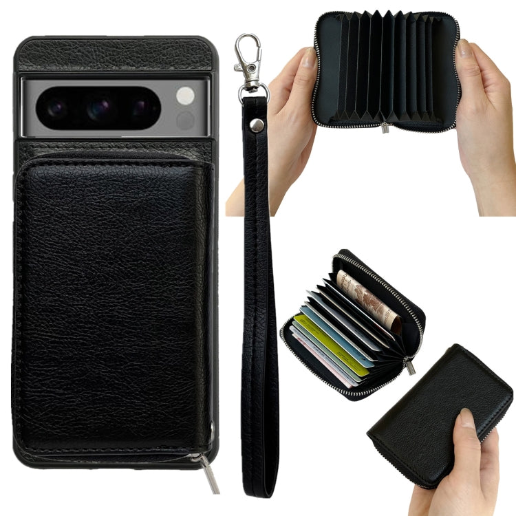 For Google Pixel 8 Solid Color Zipper 11-Card Slots Bag Phone Case with Lanyard(Black) - Google Cases by PMC TechLife | Online Shopping South Africa | PMC TechLife | Buy Now Pay Later Mobicred