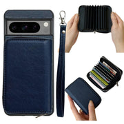 For Google Pixel 7 Solid Color Zipper 11-Card Slots Bag Phone Case with Lanyard(Blue)
