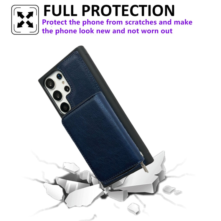 For Samsung Galaxy S24 Ultra 5G Solid Color Zipper 11-Card Slots Bag Phone Case with Lanyard(Blue)