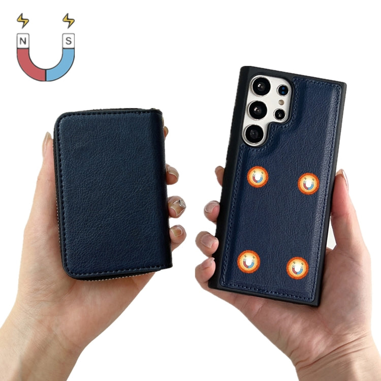 For Samsung Galaxy S24 Ultra 5G Solid Color Zipper 11-Card Slots Bag Phone Case with Lanyard(Blue)