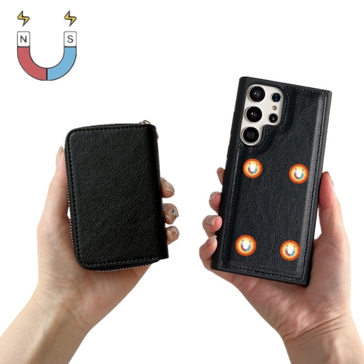 For Samsung Galaxy S24 Ultra 5G Solid Color Zipper 11-Card Slots Bag Phone Case with Lanyard(Black)