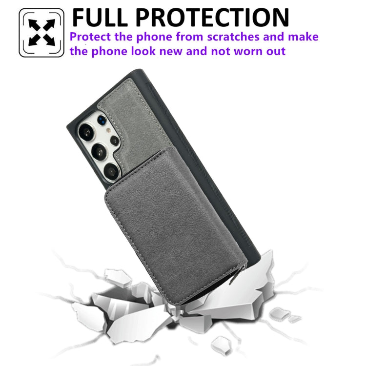 For Samsung Galaxy S24 Ultra 5G Solid Color Zipper 11-Card Slots Bag Phone Case with Lanyard(Grey)