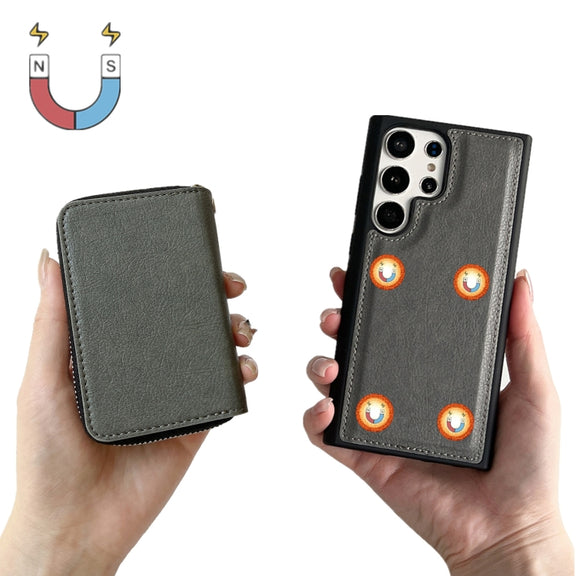 For Samsung Galaxy S24 Ultra 5G Solid Color Zipper 11-Card Slots Bag Phone Case with Lanyard(Grey)