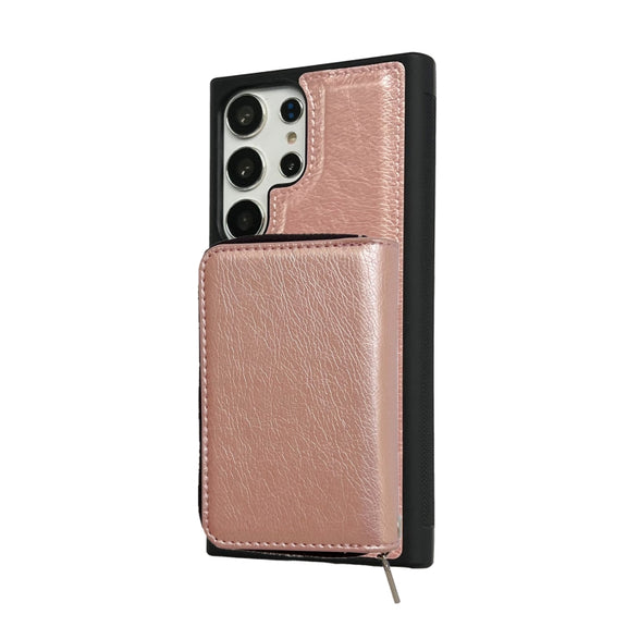 For Samsung Galaxy S24 Ultra 5G Solid Color Zipper 11-Card Slots Bag Phone Case with Lanyard(Rose Gold)