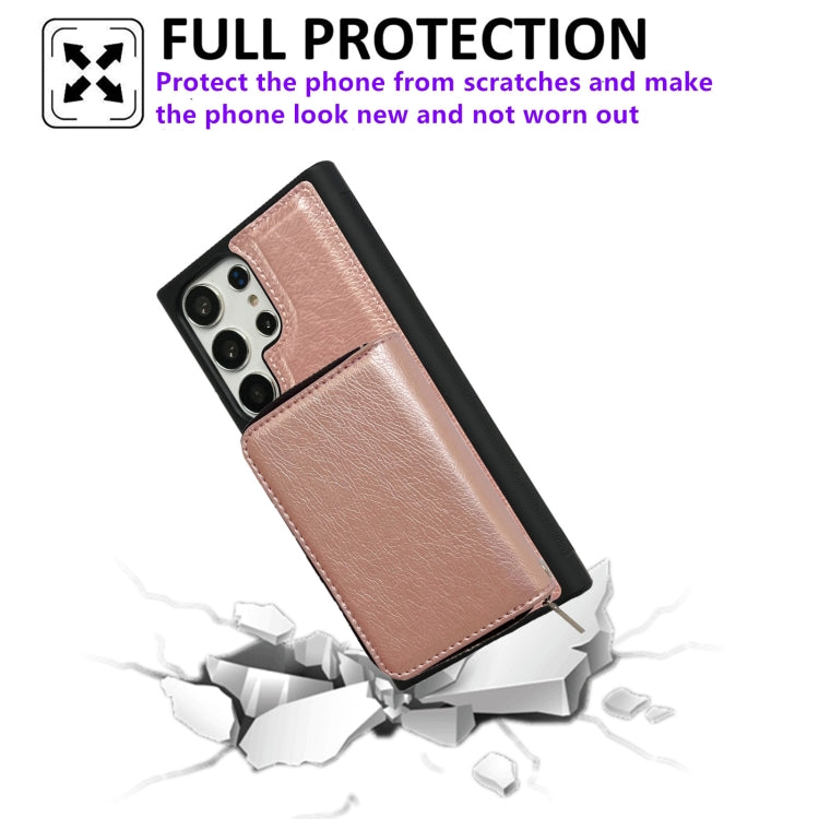 For Samsung Galaxy S24 Ultra 5G Solid Color Zipper 11-Card Slots Bag Phone Case with Lanyard(Rose Gold)