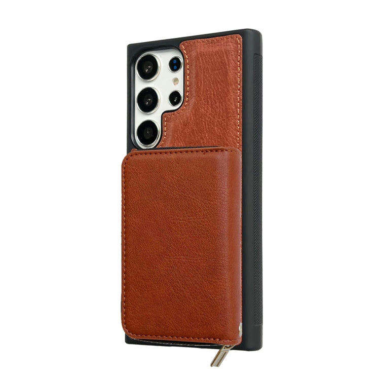 For Samsung Galaxy S24 Ultra 5G Solid Color Zipper 11-Card Slots Bag Phone Case with Lanyard(Brown)