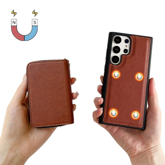For Samsung Galaxy S24 Ultra 5G Solid Color Zipper 11-Card Slots Bag Phone Case with Lanyard(Brown)