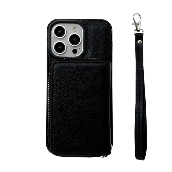 For iPhone 16 Pro Max Solid Color Zipper 11-Card Slots Bag Phone Case with Lanyard(Black)