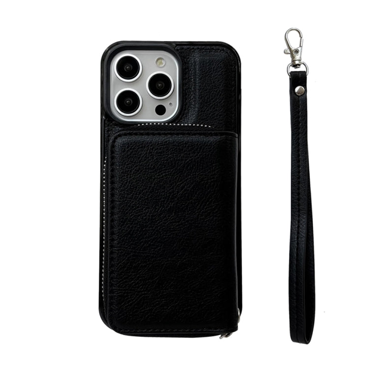 For iPhone 16 Pro Max Solid Color Zipper 11-Card Slots Bag Phone Case with Lanyard(Black)