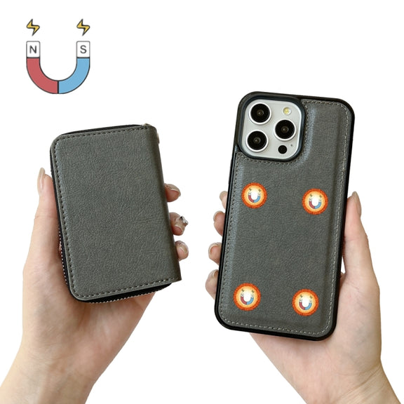 For iPhone 16 Pro Max Solid Color Zipper 11-Card Slots Bag Phone Case with Lanyard(Grey)