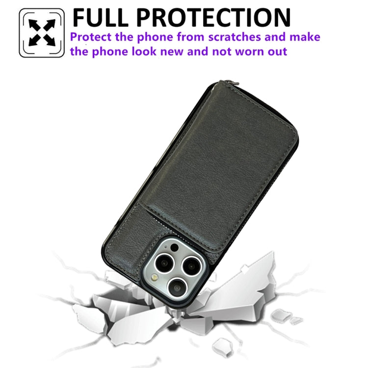 For iPhone 16 Pro Max Solid Color Zipper 11-Card Slots Bag Phone Case with Lanyard(Grey)