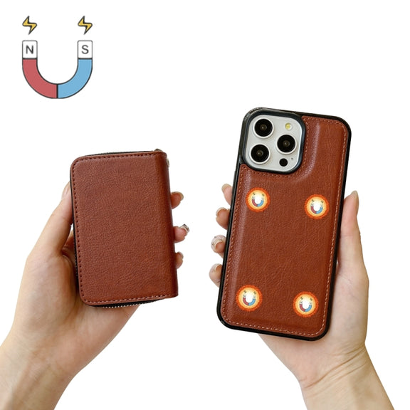 For iPhone 16 Pro Max Solid Color Zipper 11-Card Slots Bag Phone Case with Lanyard(Brown)