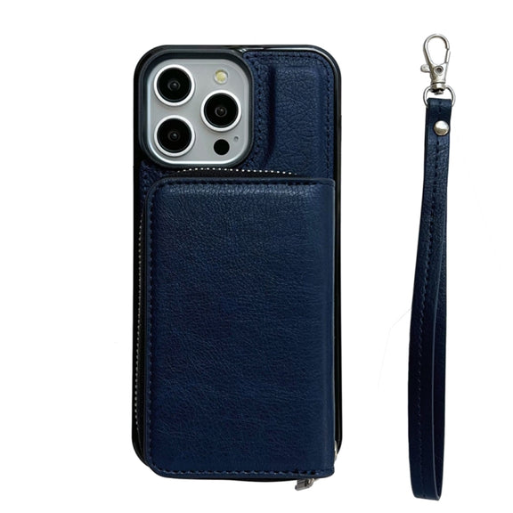 For iPhone 16 Pro Solid Color Zipper 11-Card Slots Bag Phone Case with Lanyard(Blue)