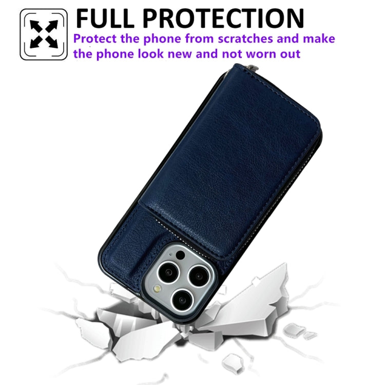 For iPhone 16 Pro Solid Color Zipper 11-Card Slots Bag Phone Case with Lanyard(Blue)