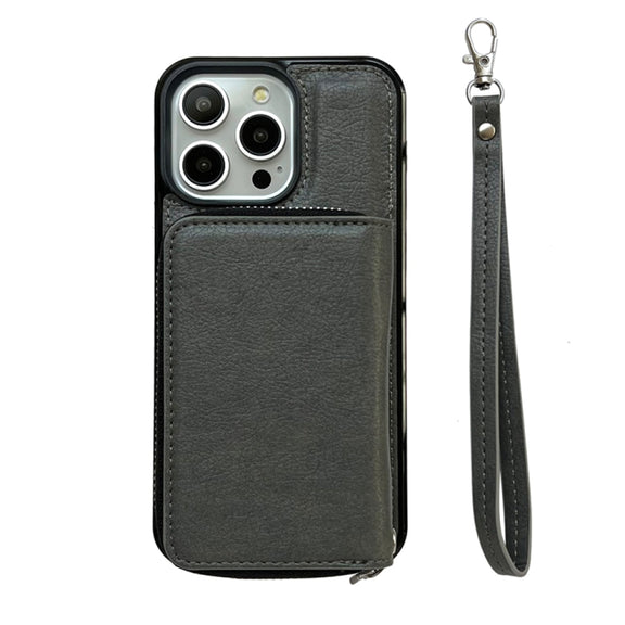For iPhone 16 Pro Solid Color Zipper 11-Card Slots Bag Phone Case with Lanyard(Grey)