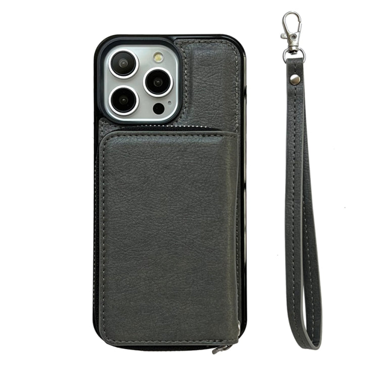 For iPhone 16 Pro Solid Color Zipper 11-Card Slots Bag Phone Case with Lanyard(Grey)