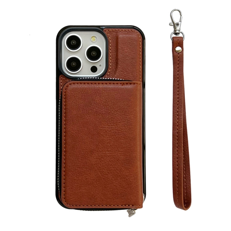 For iPhone 16 Pro Solid Color Zipper 11-Card Slots Bag Phone Case with Lanyard(Brown)