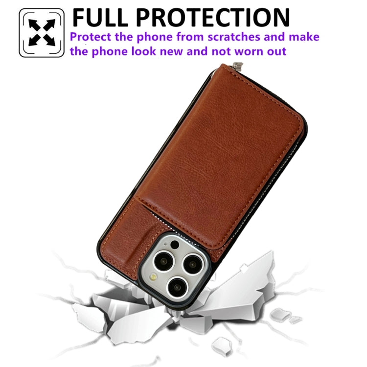 For iPhone 16 Pro Solid Color Zipper 11-Card Slots Bag Phone Case with Lanyard(Brown)