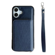 For iPhone 16 Plus Solid Color Zipper 11-Card Slots Bag Phone Case with Lanyard(Blue)