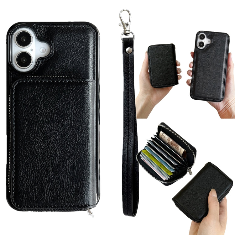 For iPhone 16 Plus Solid Color Zipper 11-Card Slots Bag Phone Case with Lanyard(Black) - free shipping - PMC Jewellery - Order now!