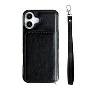 For iPhone 16 Plus Solid Color Zipper 11-Card Slots Bag Phone Case with Lanyard(Black)